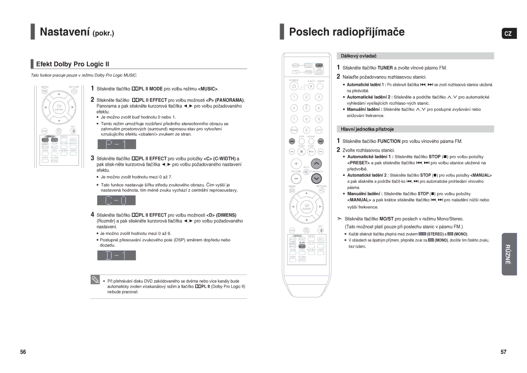 Samsung HT-TX250R/XEO manual Poslech radiopřijímače, Efekt Dolby Pro Logic, Dálkový ovladač, Hlavní jednotka přístroje 