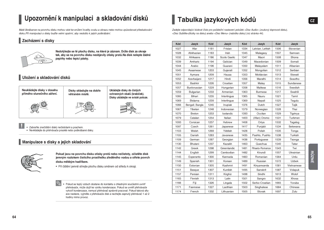 Samsung HT-TX250R/XEO, HT-X250R/XEO Upozornění k manipulaci a skladování disků, Tabulka jazykových kódů, Zacházení s disky 