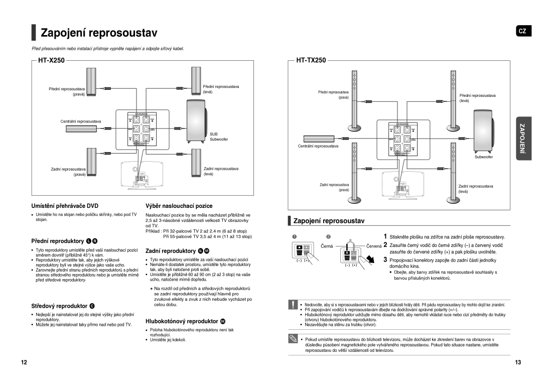 Samsung HT-TX250R/XEO, HT-X250R/XEO manual Zapojení reprosoustav 