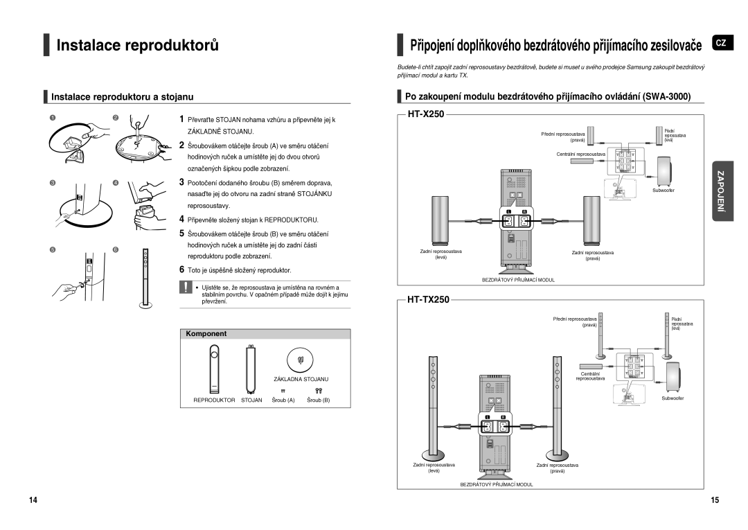 Samsung HT-X250R/XEO, HT-TX250R/XEO manual Instalace reproduktorů, Instalace reproduktoru a stojanu 