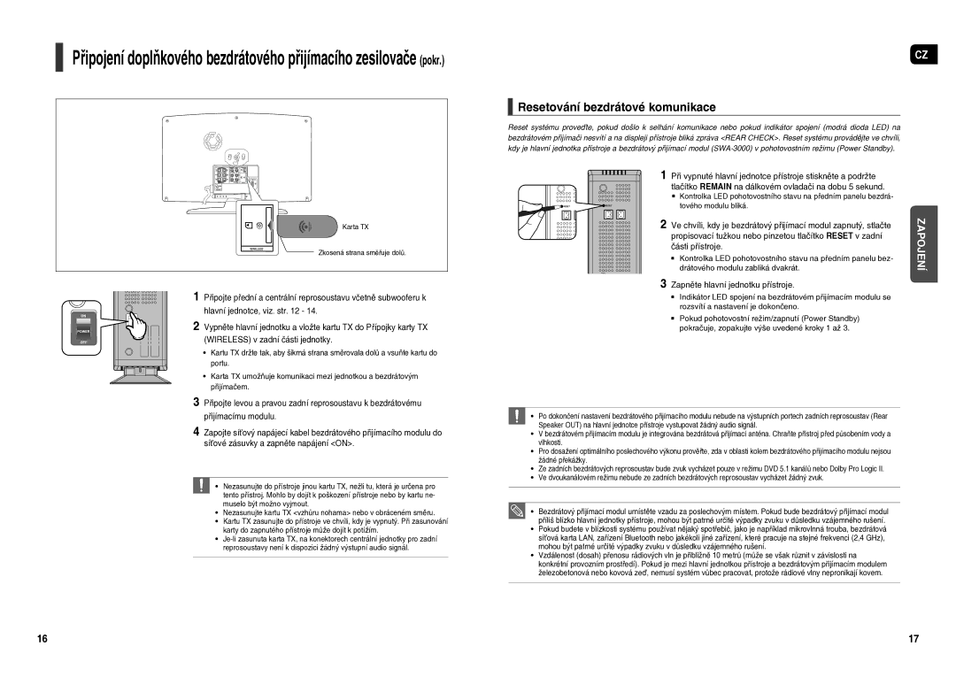 Samsung HT-TX250R/XEO, HT-X250R/XEO manual Resetování bezdrátové komunikace, Zapněte hlavní jednotku přístroje 