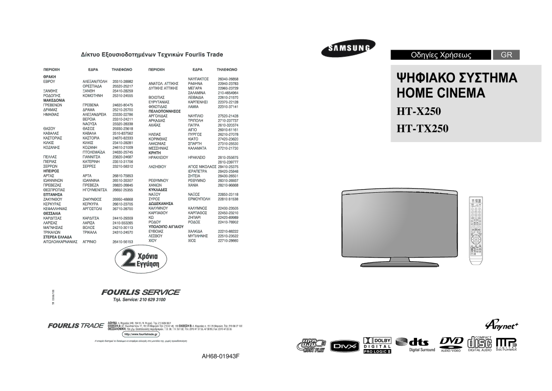 Samsung HT-X250R/XET, HT-TX250T/ADL, HT-X250R/XEG, HT-X250R/XEE, HT-TX250R/XEF, HT-X250R/XEF manual Digital Home Cinema System 