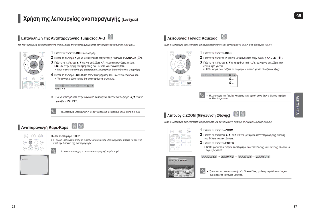 Samsung HT-TX250R/XEO, HT-X250R/XEO manual Επανάληψη της Αναπαραγωγής Τμήματος Α-Β DVD, Αναπαραγωγή Καρέ-Καρέ 