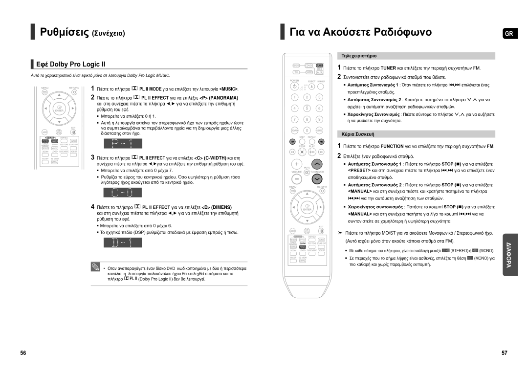 Samsung HT-TX250R/XEO, HT-X250R/XEO manual Εφέ Dolby Pro Logic, Τηλεχειριστήριο, Κύρια Συσκευή 