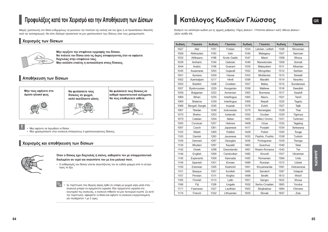 Samsung HT-TX250R/XEO, HT-X250R/XEO manual Κατάλογος Κωδικών Γλώσσας, Χειρισμός των δίσκων, Αποθήκευση των δίσκων 