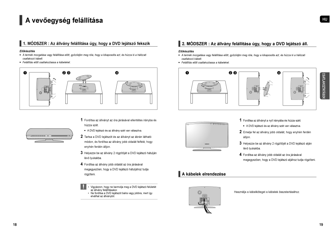 Samsung HT-X250R/XET, HT-TX250R/XEF Vevőegység felállítása, Módszer Az állvány felállítása úgy, hogy a DVD lejátszó áll 