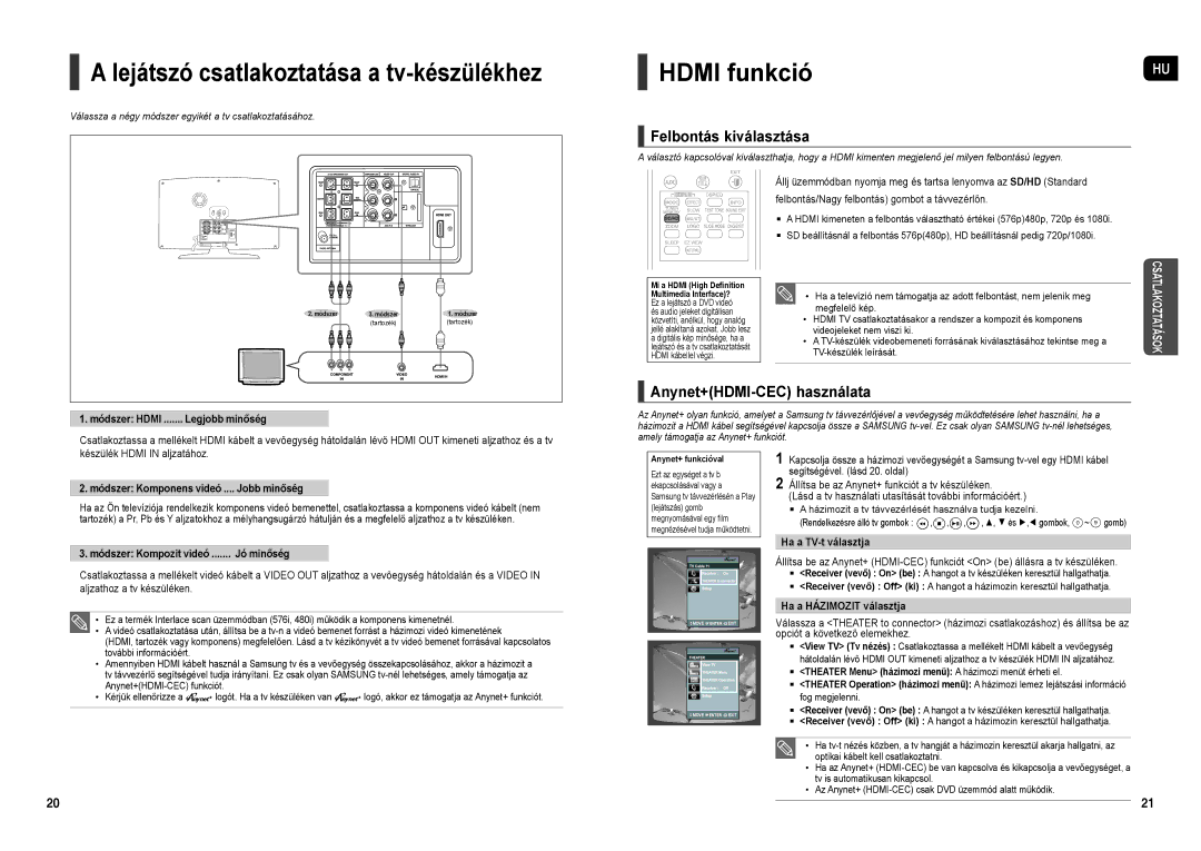 Samsung HT-TX250R/XEF, HT-X250R/XET manual Lejátszó csatlakoztatása a tv-készülékhez, Hdmi funkció, Felbontás kiválasztása 