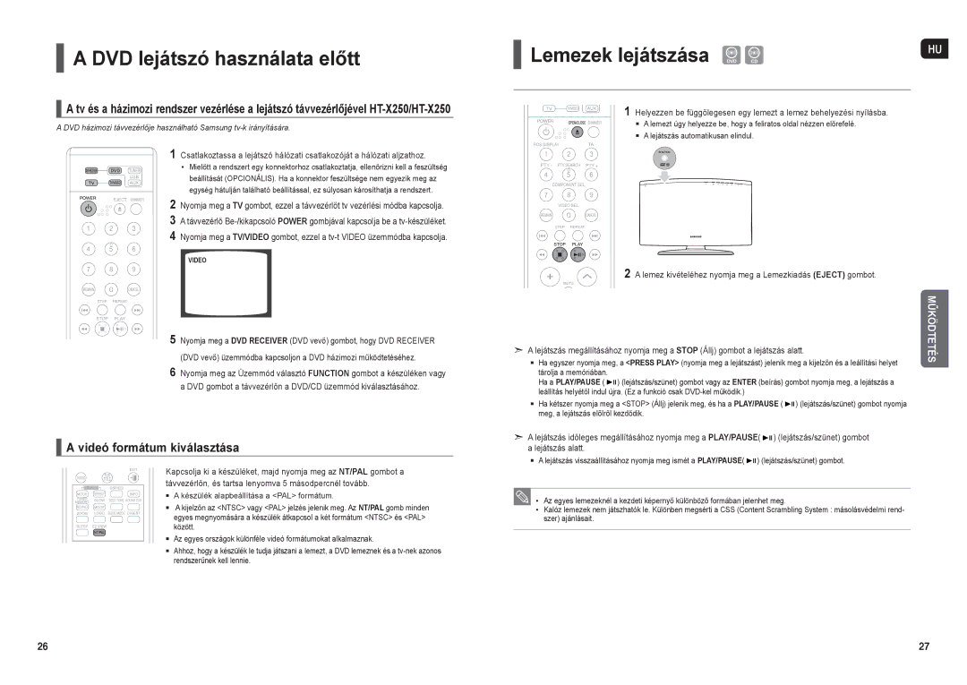 Samsung HT-TX250R/XEO DVD lejátszó használata előtt, Videó formátum kiválasztása, Tárolja a memóriában, Ha a PLAY/PAUSE 