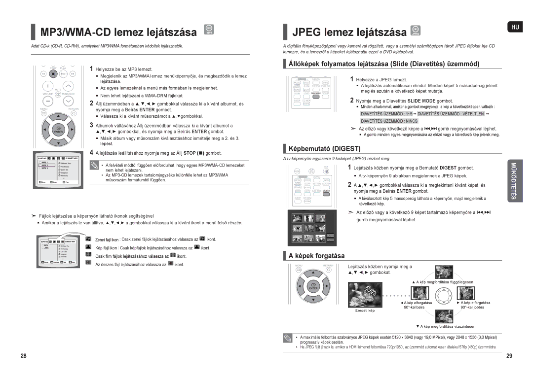Samsung HT-X250R/XET MP3/WMA-CD lemez lejátszása MP3, Jpeg lemez lejátszása Jpeghu, Képbemutató Digest, Képek forgatása 