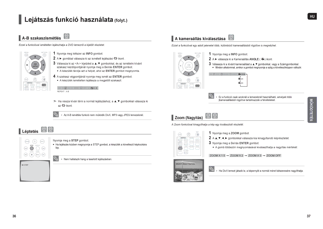 Samsung HT-TX250R/XEO, HT-X250R/XET, HT-TX250R/XEF, HT-X250R/XEF, HT-X250R/XEO manual Szakaszismétlés DVD, Léptetés DVD DivX 