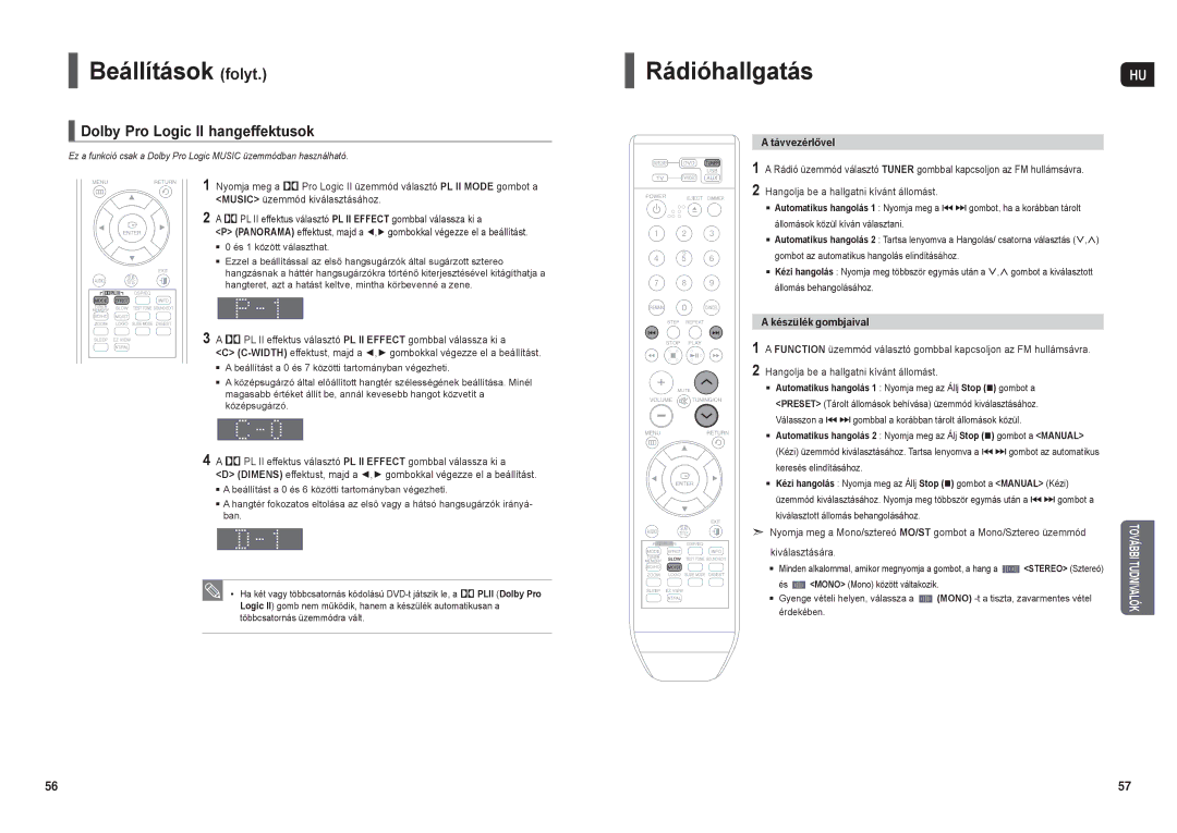 Samsung HT-TX250R/XEO manual RádióhallgatásHU, Dolby Pro Logic II hangeffektusok, Távvezérlővel, Készülék gombjaival 