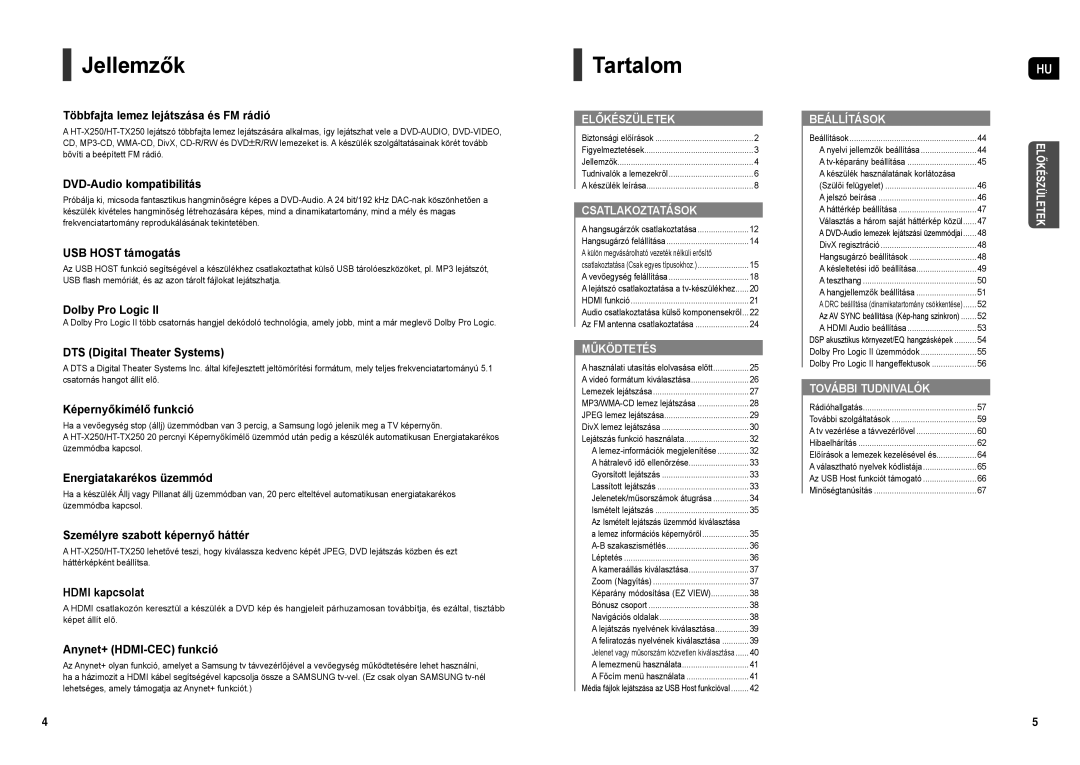 Samsung HT-X250R/XEO, HT-X250R/XET, HT-TX250R/XEF, HT-X250R/XEF, HT-TX250R/XEO manual Jellemzők, Tartalom 