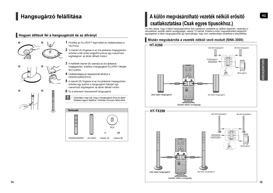 Samsung HT-X250R/XEO, HT-X250R/XET, HT-X250R/XEF Hangsugárzó felállítása, Hogyan állítsuk fel a hangsugárzót és az állványt 