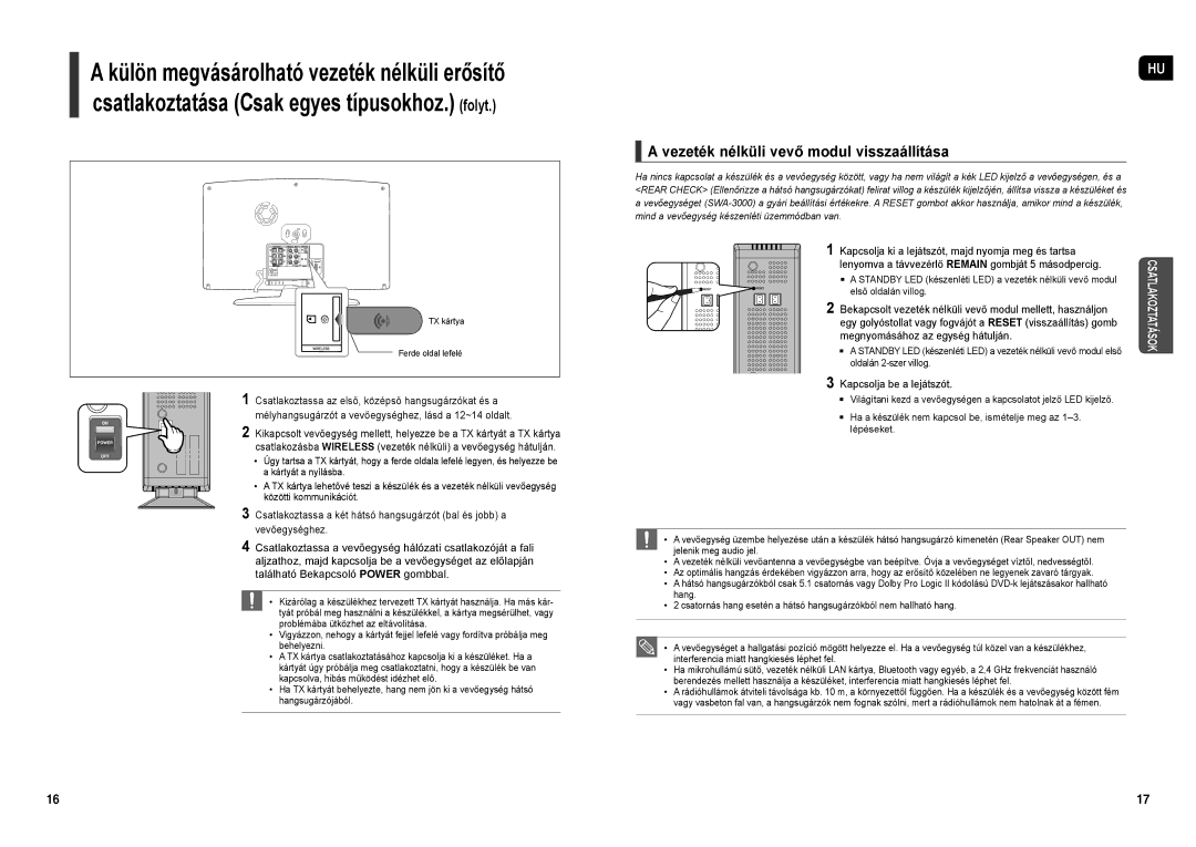 Samsung HT-TX250R/XEO manual Vezeték nélküli vevő modul visszaállítása, Kapcsolja ki a lejátszót, majd nyomja meg és tartsa 