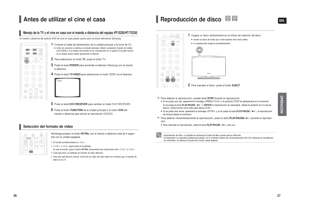 Samsung HT-X250R/XET, HT-X250R/XEO manual Reproducción de disco DVD CD 