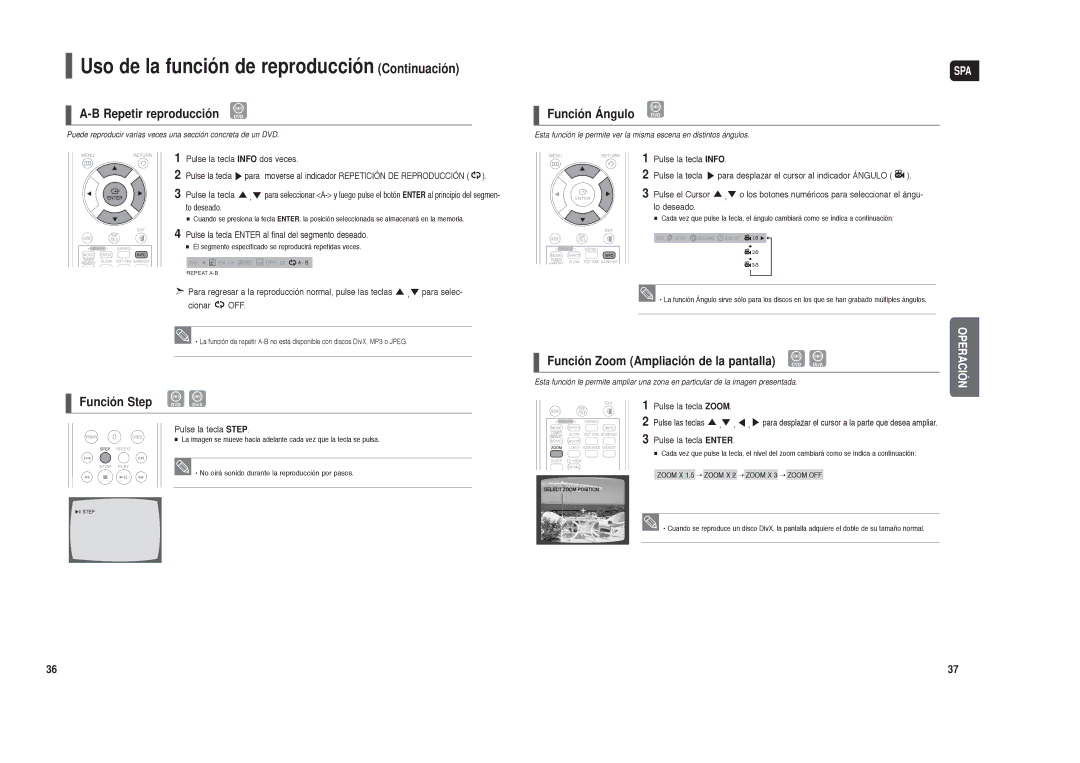 Samsung HT-X250R/XEO, HT-X250R/XET manual Repetir reproducción DVD, Función Step DVD DivX, Función Ángulo 