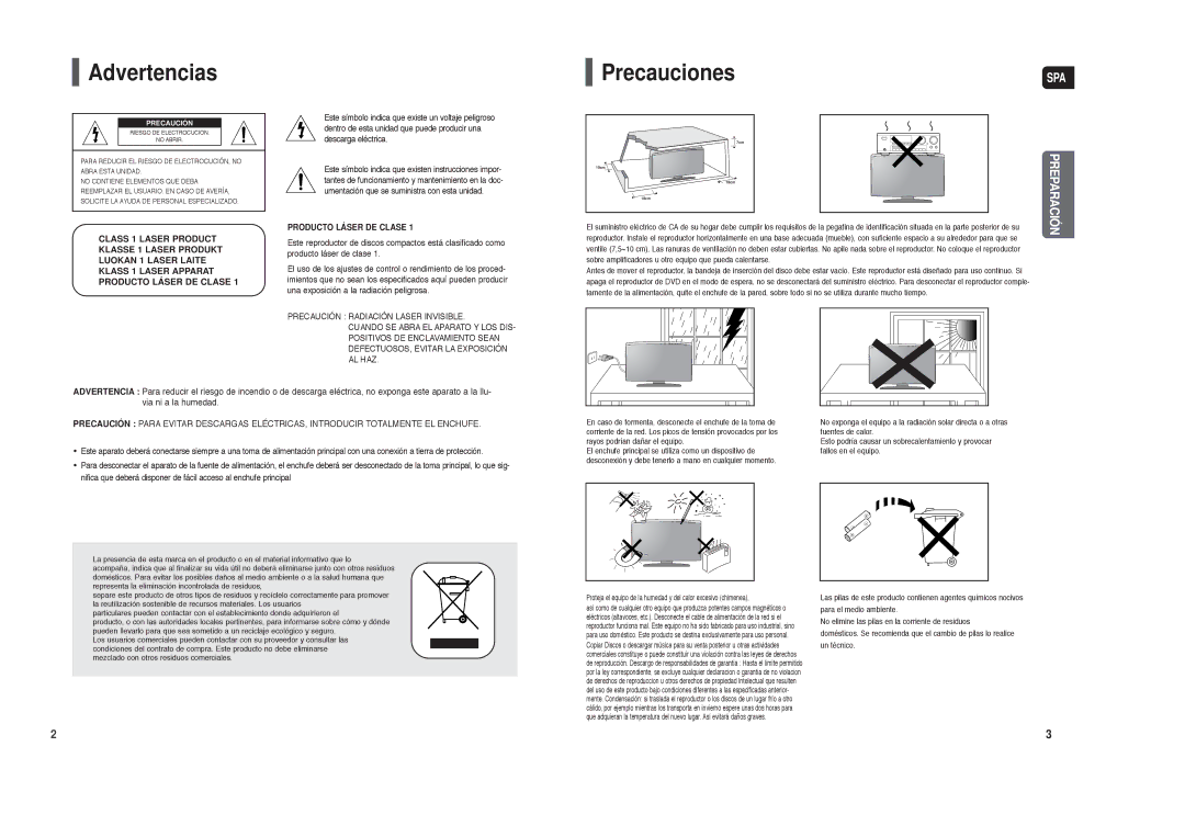 Samsung HT-X250R/XET, HT-X250R/XEO manual Advertencias Precauciones, Spa 