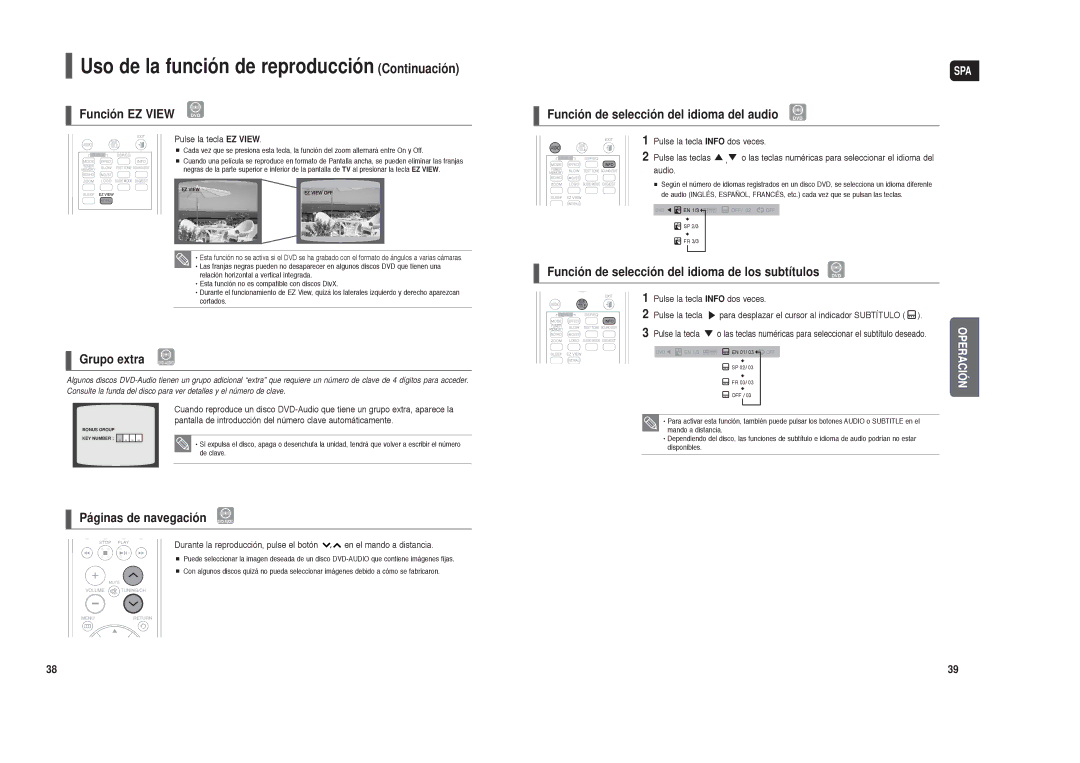 Samsung HT-X250R/XET, HT-X250R/XEO manual Función EZ View, Grupo extra DVD-AUDIO, Páginas de navegación DVD-AUDIO 