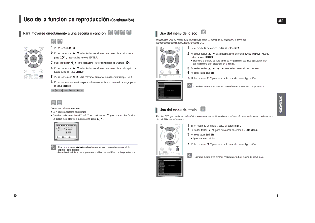 Samsung HT-X250R/XEO, HT-X250R/XET manual Uso del menú del disco, Uso del menú del título DVD 