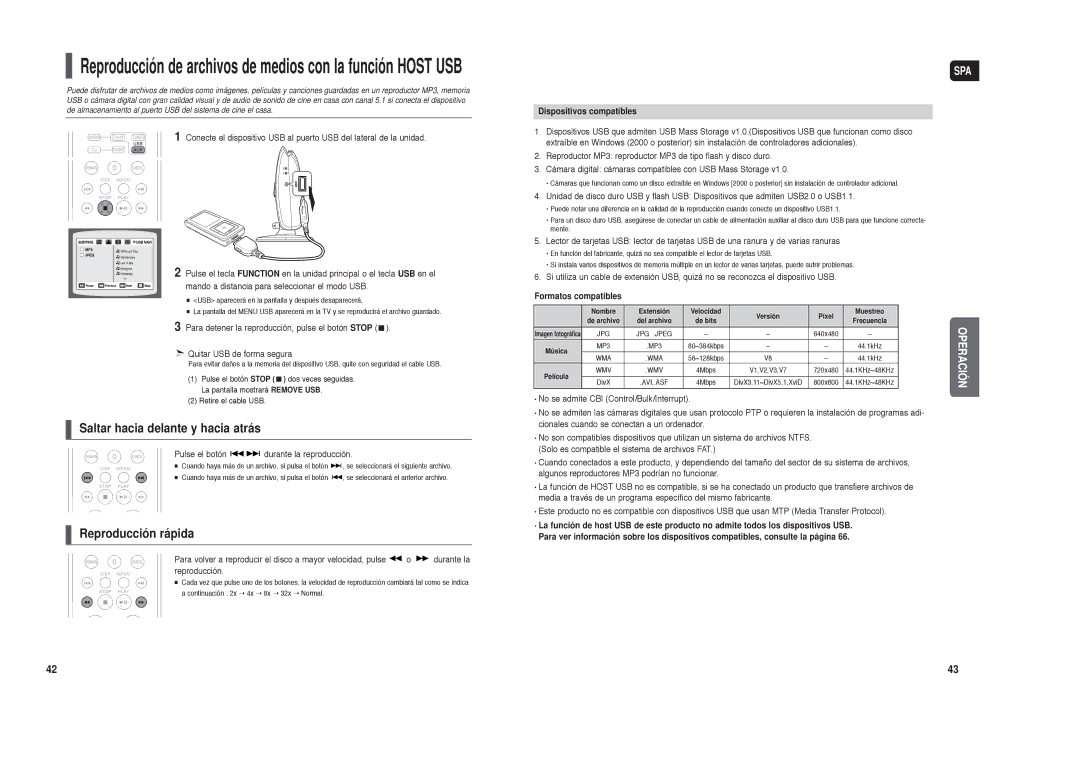 Samsung HT-X250R/XET Reproducción de archivos de medios con la función Host USB, Pulse el botón durante la reproducción 