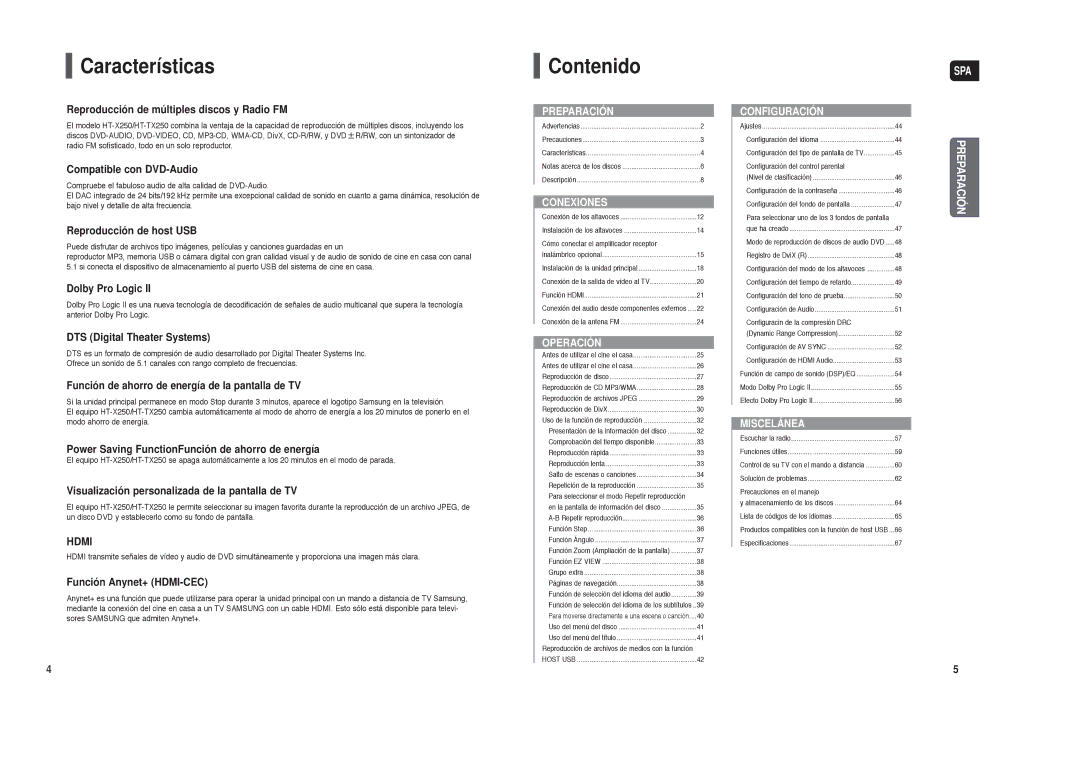 Samsung HT-X250R/XEO, HT-X250R/XET manual Características, Contenido 