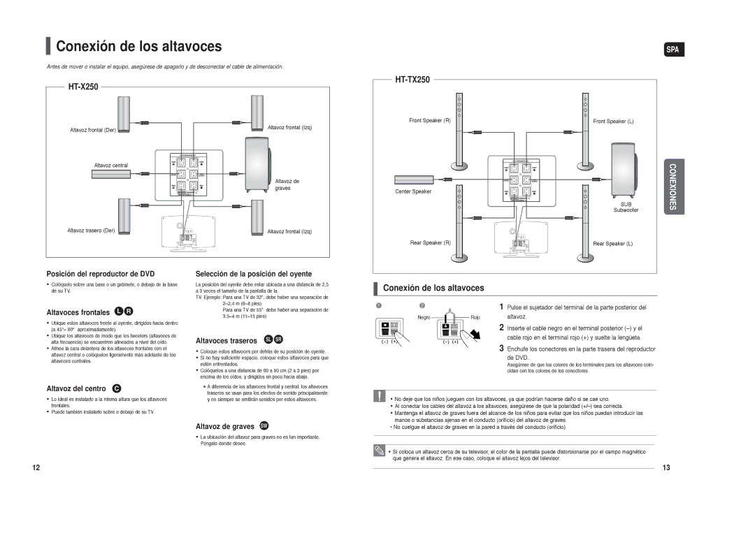 Samsung HT-X250R/XEO, HT-X250R/XET manual Conexión de los altavoces 