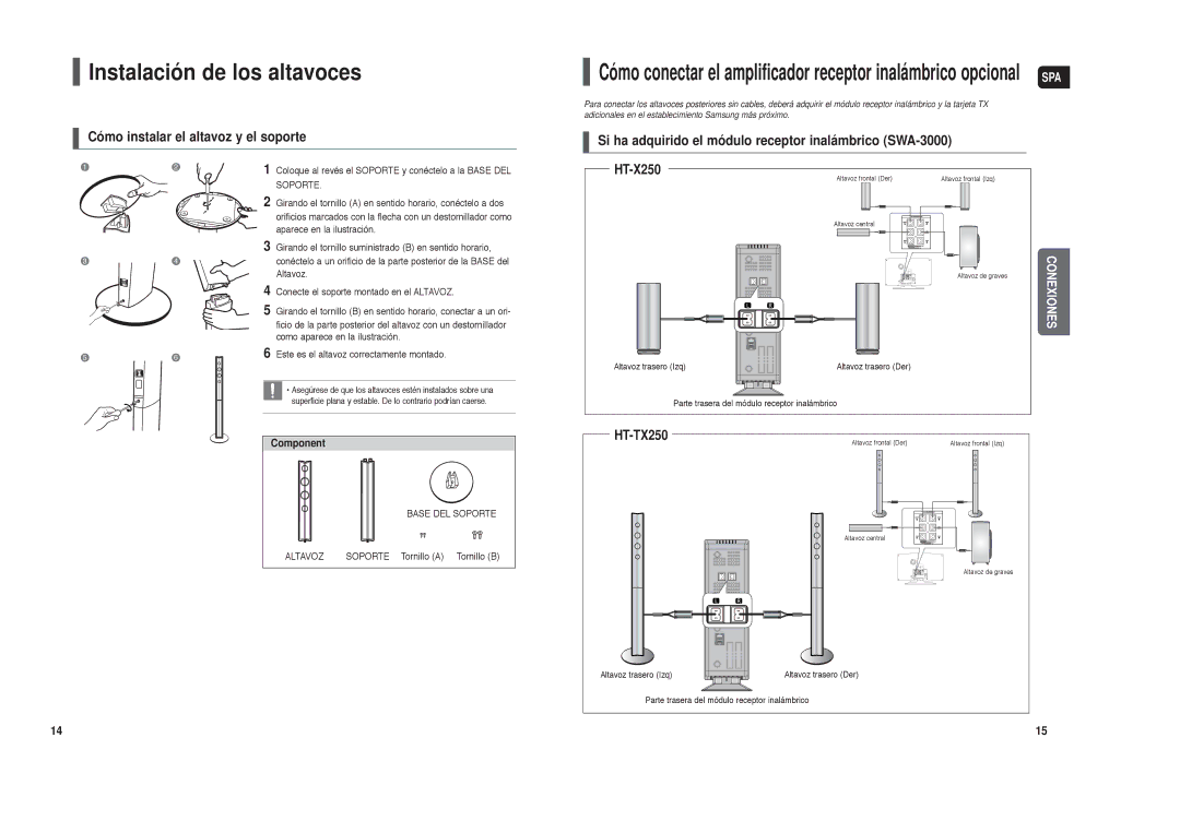 Samsung HT-X250R/XET, HT-X250R/XEO manual Instalación de los altavoces, Cómo instalar el altavoz y el soporte, Component 