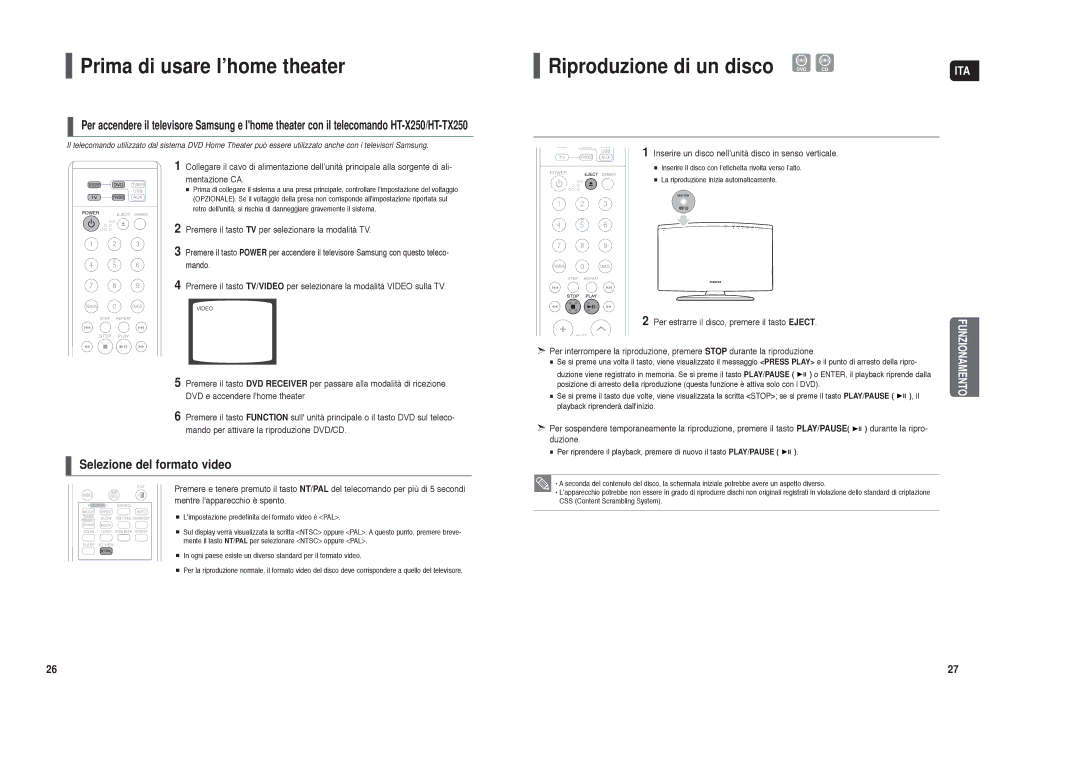 Samsung HT-X250R/XET manual Prima di usare l’home theater, Riproduzione di un disco, Selezione del formato video 