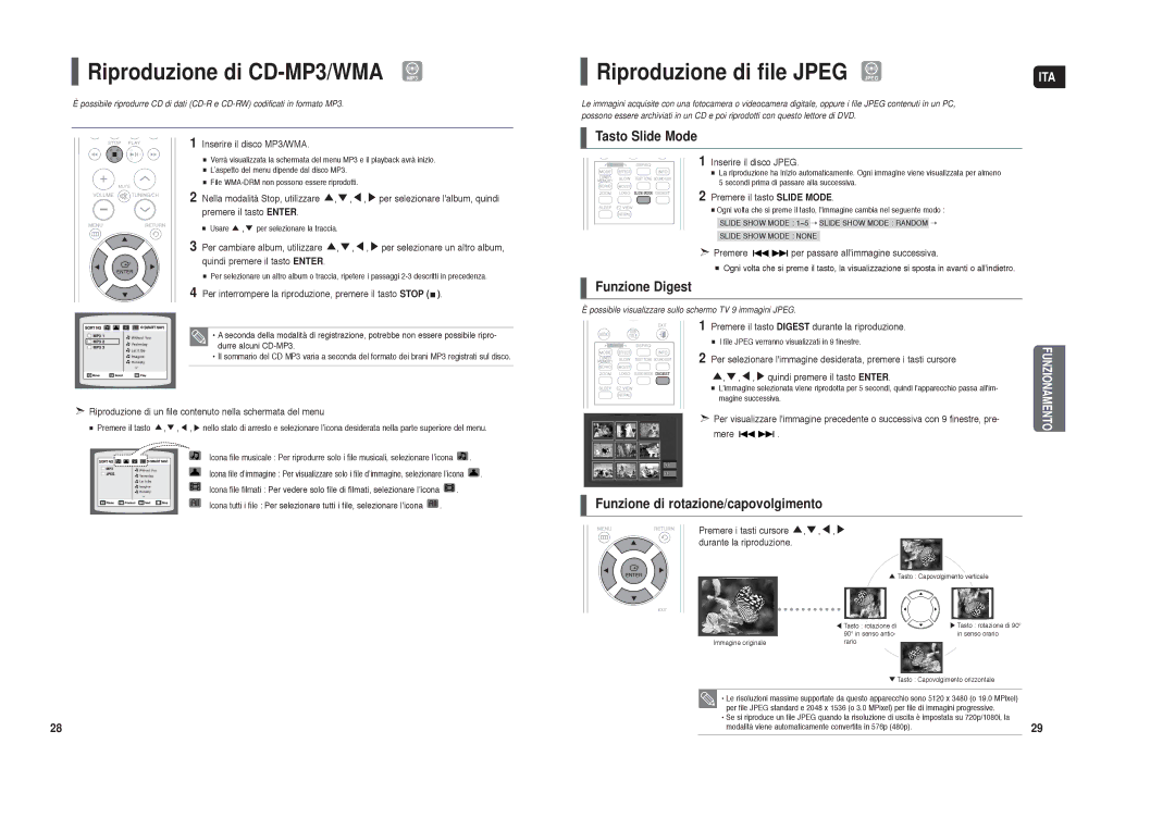 Samsung HT-X250R/XET Riproduzione di CD-MP3/WMA MP3, Riproduzione di file Jpeg Jpeg, Tasto Slide Mode, Funzione Digest 