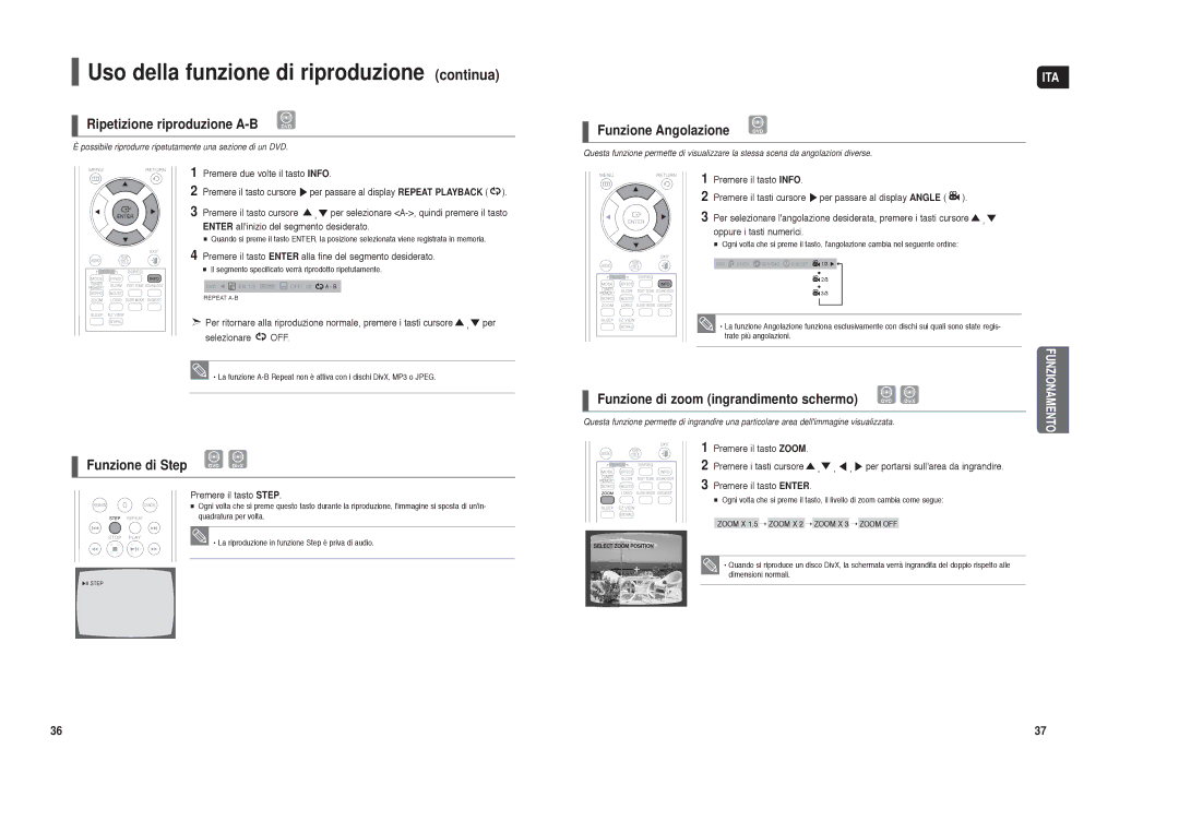 Samsung HT-X250R/XET manual Ripetizione riproduzione A-B, Funzione di Step, Funzione Angolazione 