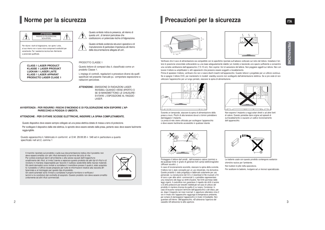 Samsung HT-X250R/XET manual Norme per la sicurezza Precauzioni per la sicurezza, Ita 