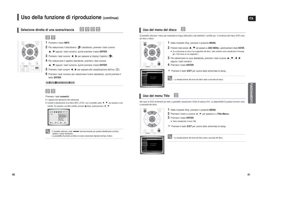 Samsung HT-X250R/XET manual Selezione diretta di una scena/traccia, Uso del menu del disco DVD, Uso del menu Title 