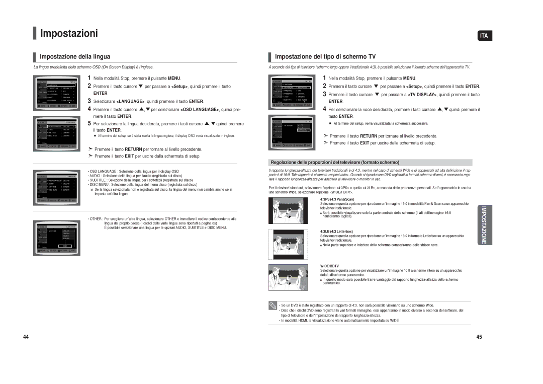 Samsung HT-X250R/XET manual Impostazioni, Impostazione della lingua, Impostazione del tipo di schermo TV 