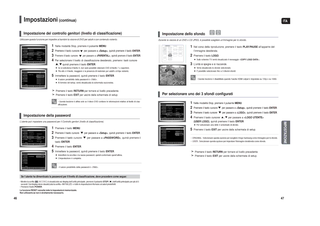 Samsung HT-X250R/XET manual Impostazioni continua, Impostazione della password, Impostazione dello sfondo 