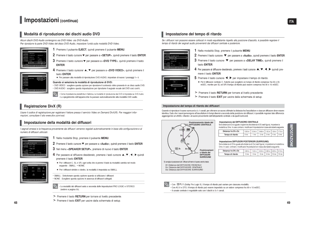 Samsung HT-X250R/XET manual Modalità di riproduzione dei dischi audio DVD, Impostazione del tempo di ritardo 