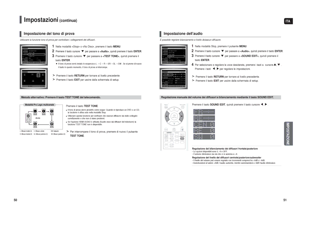 Samsung HT-X250R/XET manual Impostazione del tono di prova, Impostazione dell’audio, Premere il tasto Test Tone 