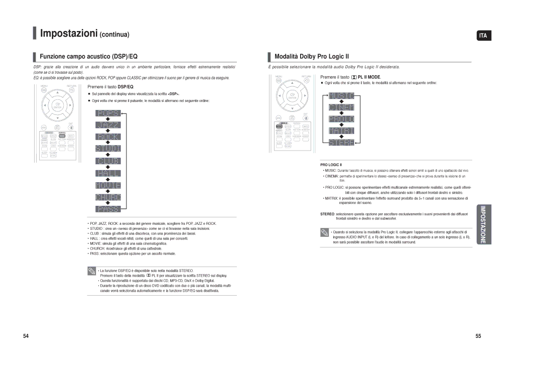 Samsung HT-X250R/XET manual Funzione campo acustico DSP/EQ, Modalità Dolby Pro Logic, Premere il tasto DSP/EQ 