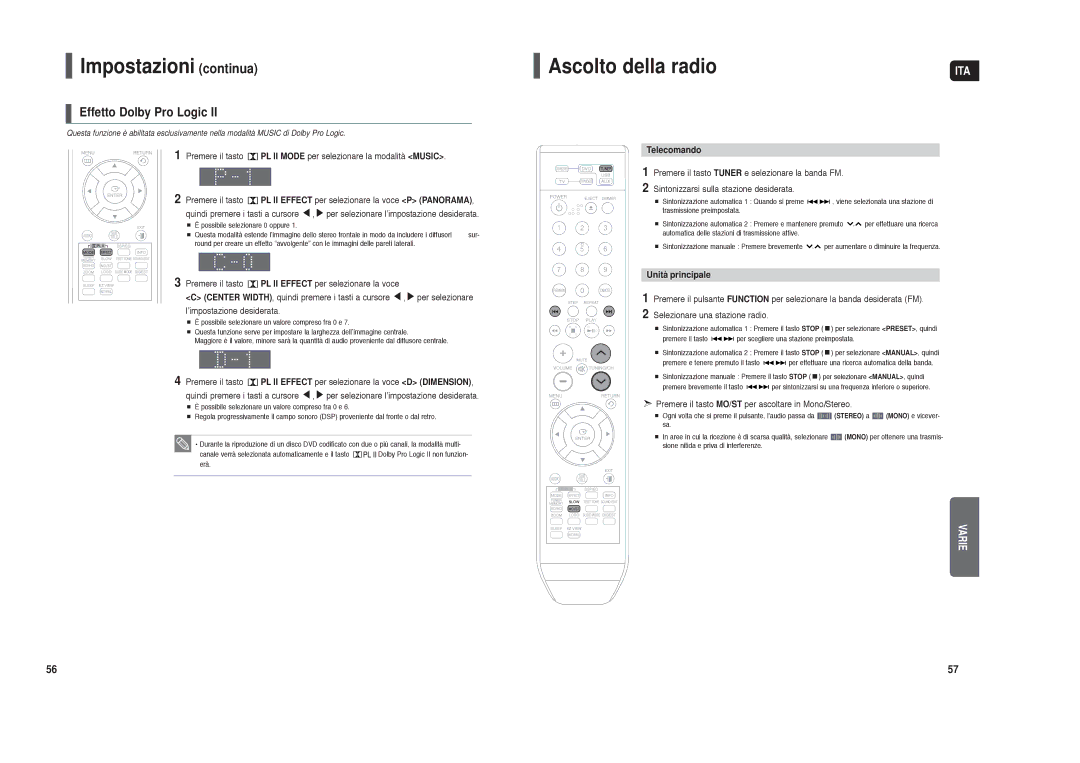 Samsung HT-X250R/XET manual Ascolto della radio, Effetto Dolby Pro Logic, Telecomando, Unità principale 