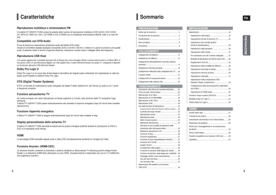 Samsung HT-X250R/XET manual Caratteristiche, Sommario, Riproduzione USB Host, DTS Digital Theater Systems 