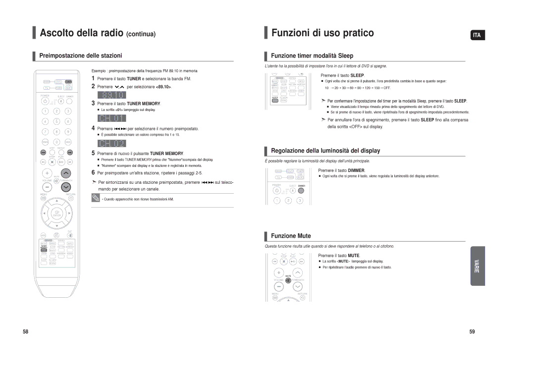 Samsung HT-X250R/XET manual Ascolto della radio continua, Funzioni di uso pratico 