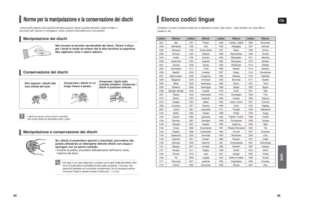 Samsung HT-X250R/XET manual Elenco codici lingue, Non esporre i dischi alla Conservare i dischi in un 