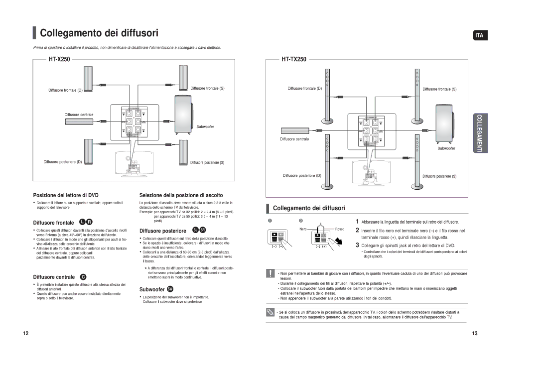 Samsung HT-X250R/XET manual Collegamento dei diffusori, Terminale rosso +, quindi rilasciare la linguetta 