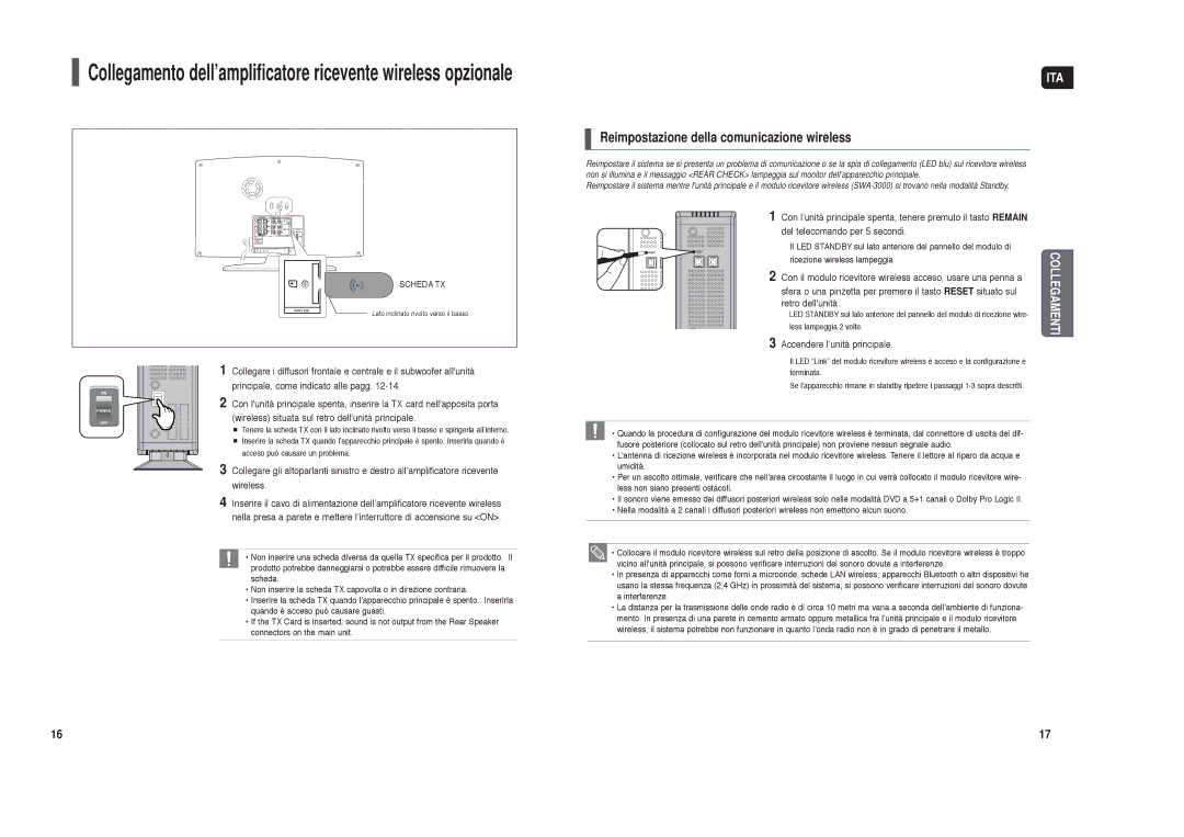 Samsung HT-X250R/XET manual Reimpostazione della comunicazione wireless, Accendere l’unità principale 