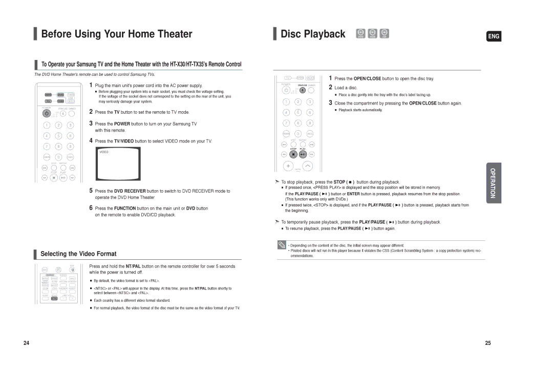 Samsung HT-TX35, HT-X30, HT-TX45 Before Using Your Home Theater, Disc Playback DVD VCD CD, Selecting the Video Format 