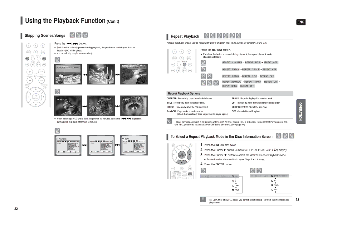 Samsung HT-TX45, HT-X30 Using the Playback Function Con’t, Skipping Scenes/Songs DVD VCD MP3, Repeat Playback Options 