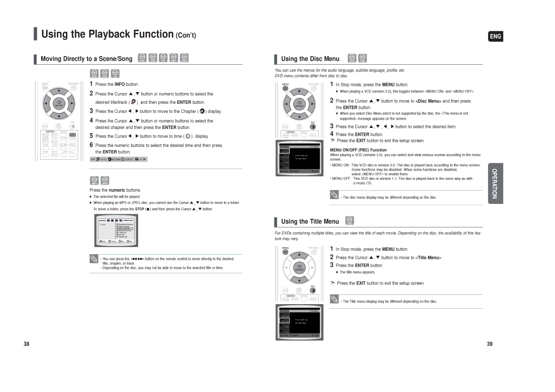 Samsung HT-TX45, HT-X30, HT-TX35 Moving Directly to a Scene/Song, Using the Disc Menu DVD VCD, Using the Title Menu DVD 