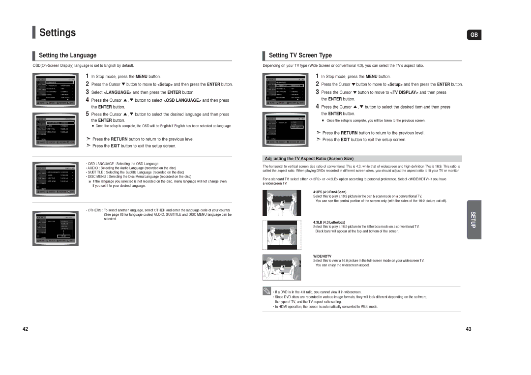 Samsung HT-TX35, HT-X30 Settings, Setting the Language, Setting TV Screen Type, Adjusting the TV Aspect Ratio Screen Size 