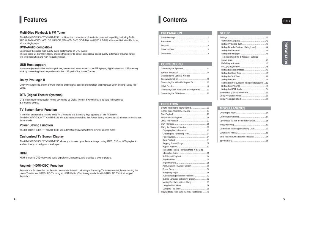 Samsung HT-X30, HT-TX35, HT-TX45 instruction manual Features, Contents 