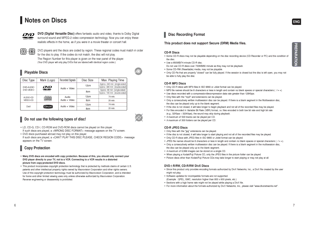 Samsung HT-TX35, HT-X30 This product does not support Secure DRM Media files, CD-R Discs, CD-R MP3 Discs, CD-R Jpeg Discs 