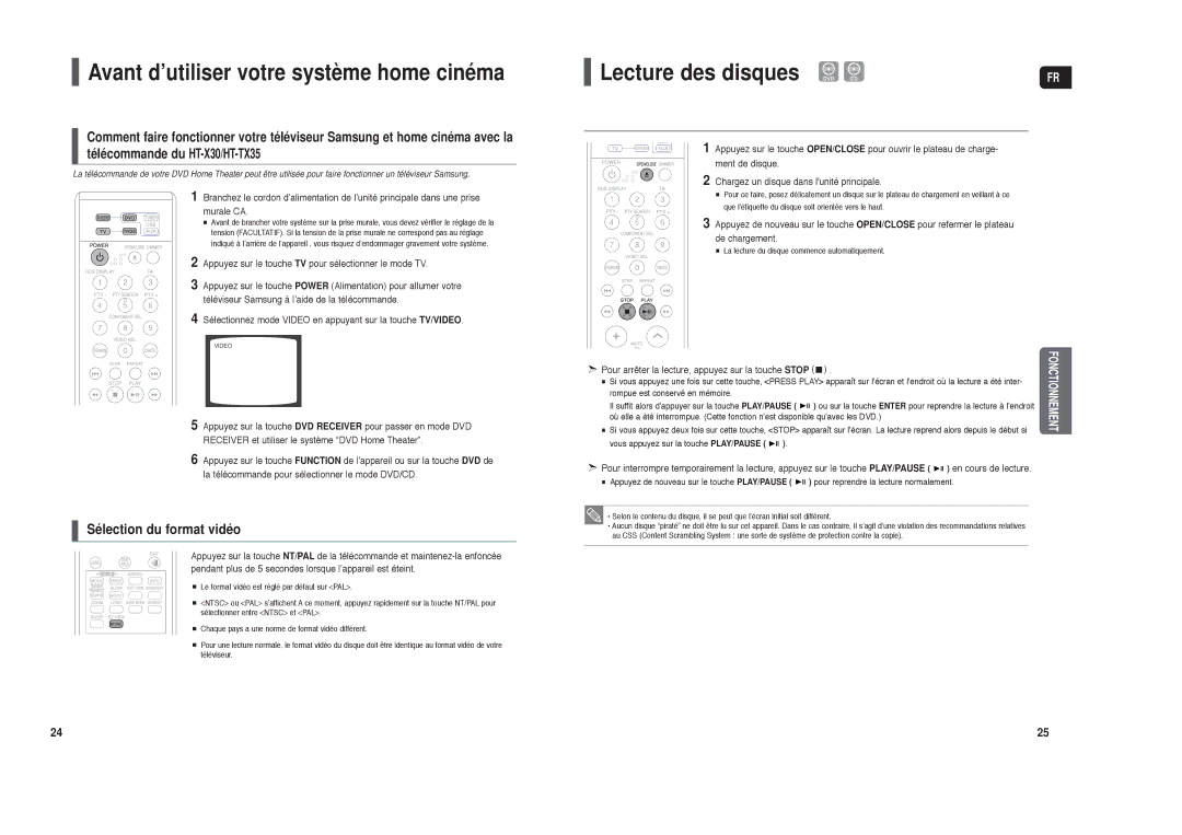 Samsung HT-TX35R/XEF, HT-X30R/XEF manual Lecture des disques DVD CD, Pour arrêter la lecture, appuyez sur la touche Stop 